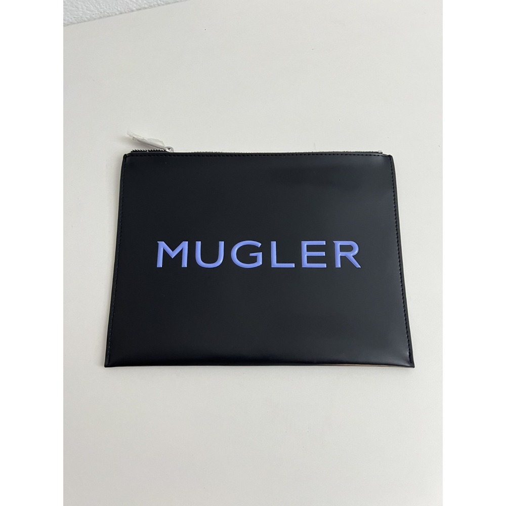 Mugler Parfums Black Faux Leather Logo Zip Pouch Clutch Bag Lavender Purple